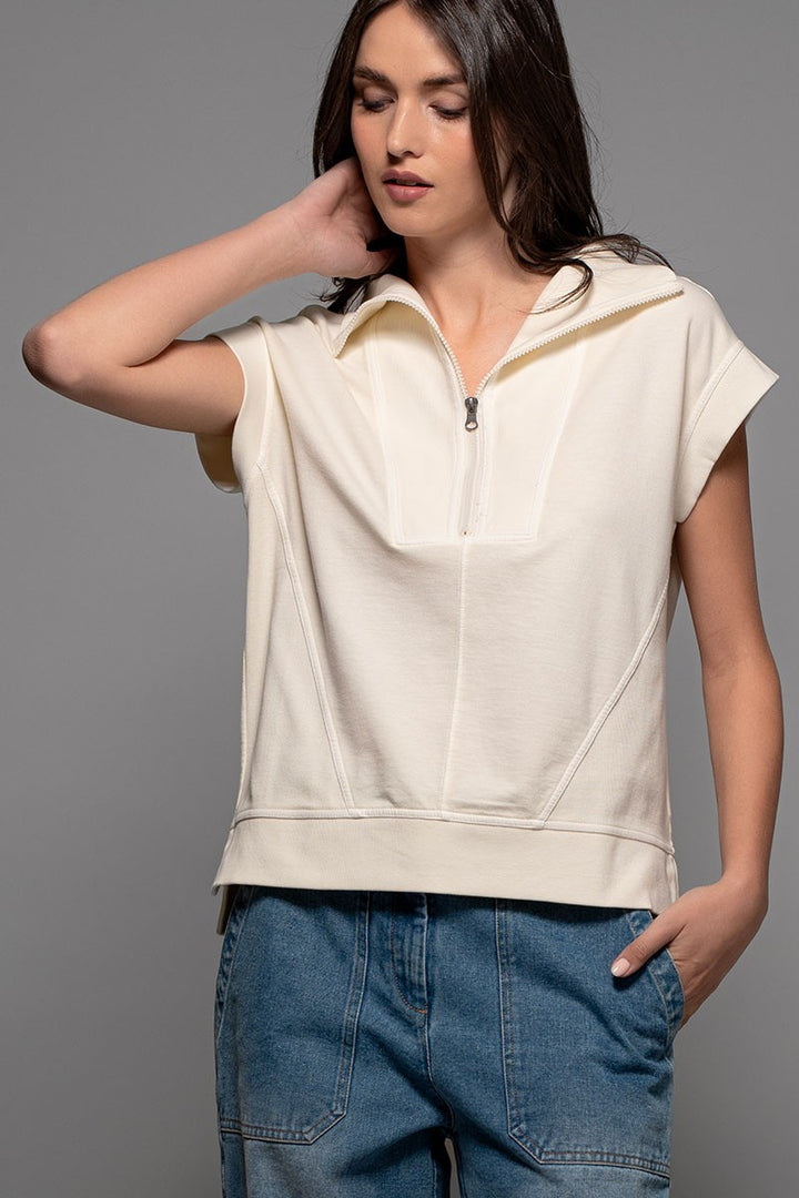 Mineral Wash Modern Minimalist Half-Zip Sweatshirt in Ivory - Women's Wholesale Sweatshirts & Hoodies | Trend Notes