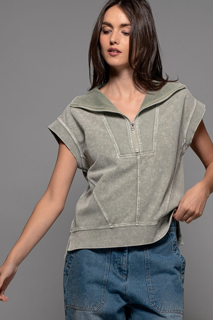 Mineral Wash Modern Minimalist Half-Zip Sweatshirt in Moss - Women's Wholesale Sweatshirts & Hoodies | Trend Notes