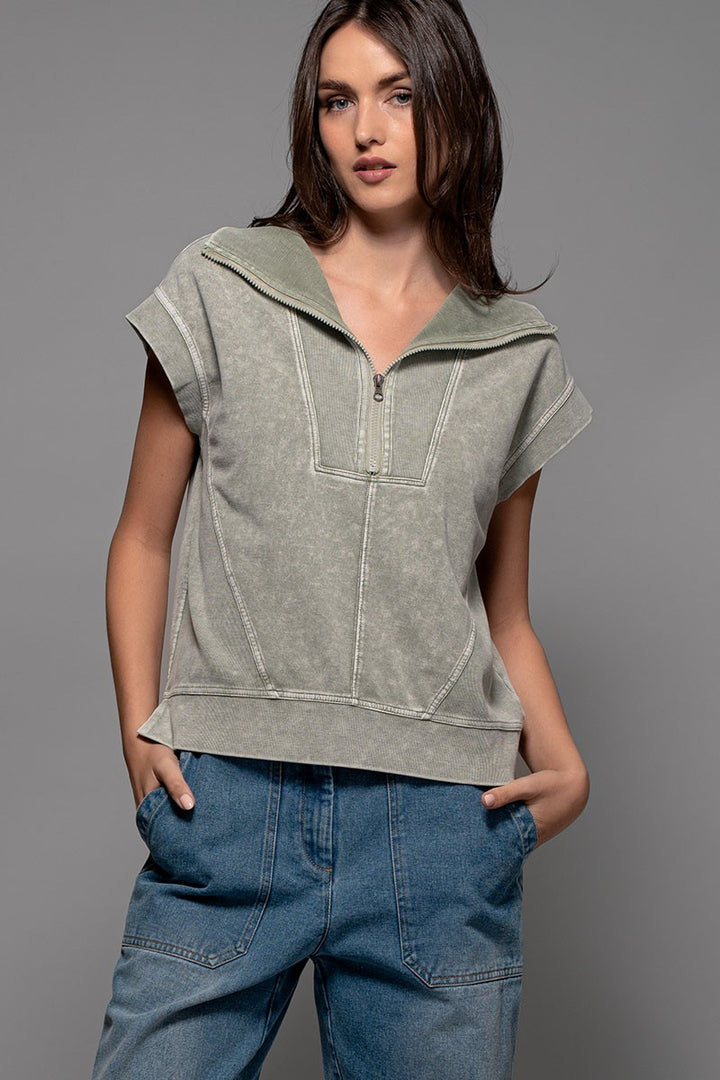 Mineral Wash Modern Minimalist Half-Zip Sweatshirt in Moss - Women's Wholesale Sweatshirts & Hoodies | Trend Notes