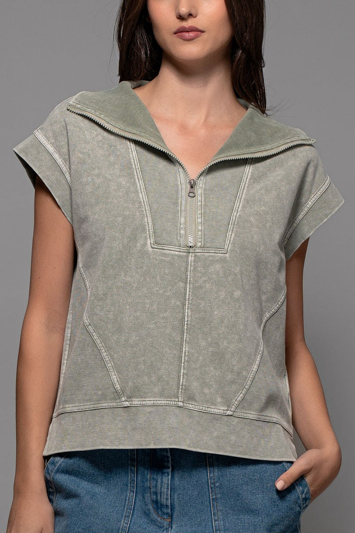 Mineral Wash Modern Minimalist Half-Zip Sweatshirt in Moss - Women's Wholesale Sweatshirts & Hoodies | Trend Notes