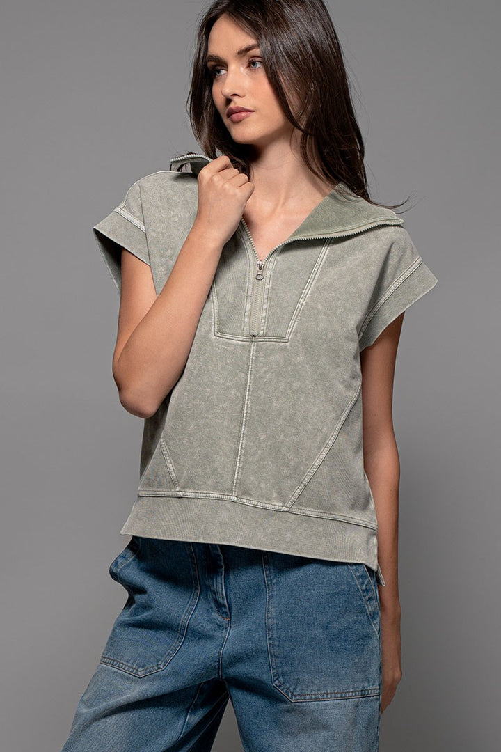 Mineral Wash Modern Minimalist Half-Zip Sweatshirt in Moss - Women's Wholesale Sweatshirts & Hoodies | Trend Notes