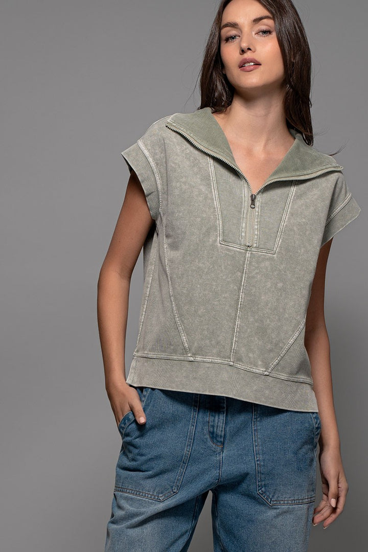 Mineral Wash Modern Minimalist Half-Zip Sweatshirt in Moss - Women's Wholesale Sweatshirts & Hoodies | Trend Notes
