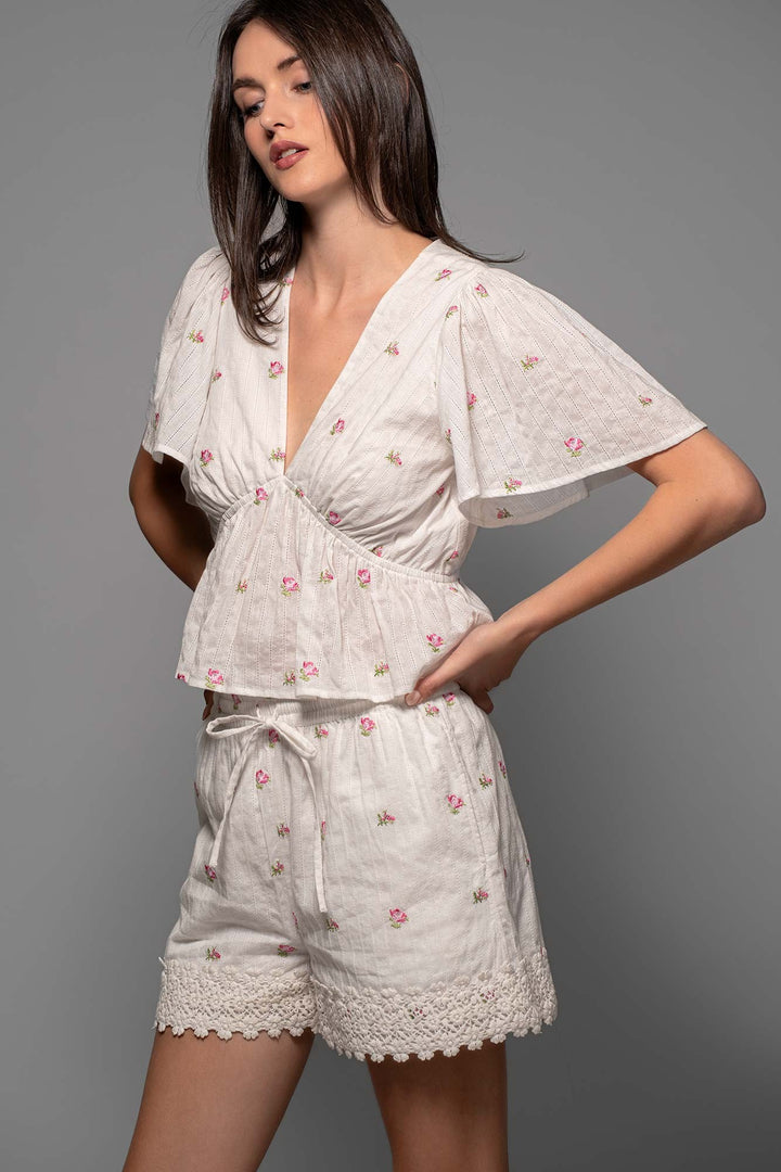Floral Embroidered Pointelle Peplum Woven Top in White Pink - Women's Wholesale Shirts & Blouses | Trend Notes