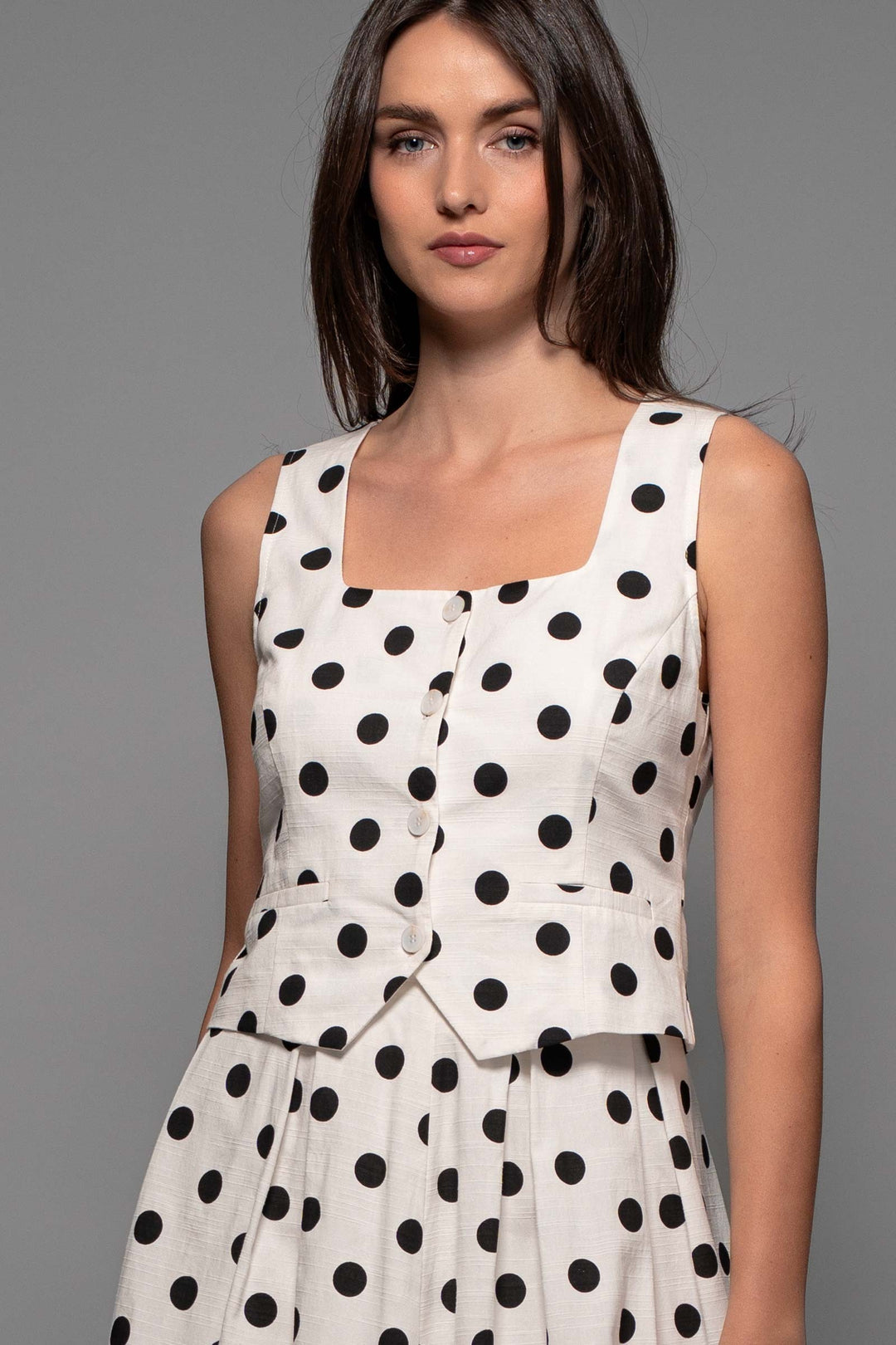 Polka Dot Button-Up Woven Top in White Black - Women's Wholesale Tanks & Camis | Trend Notes