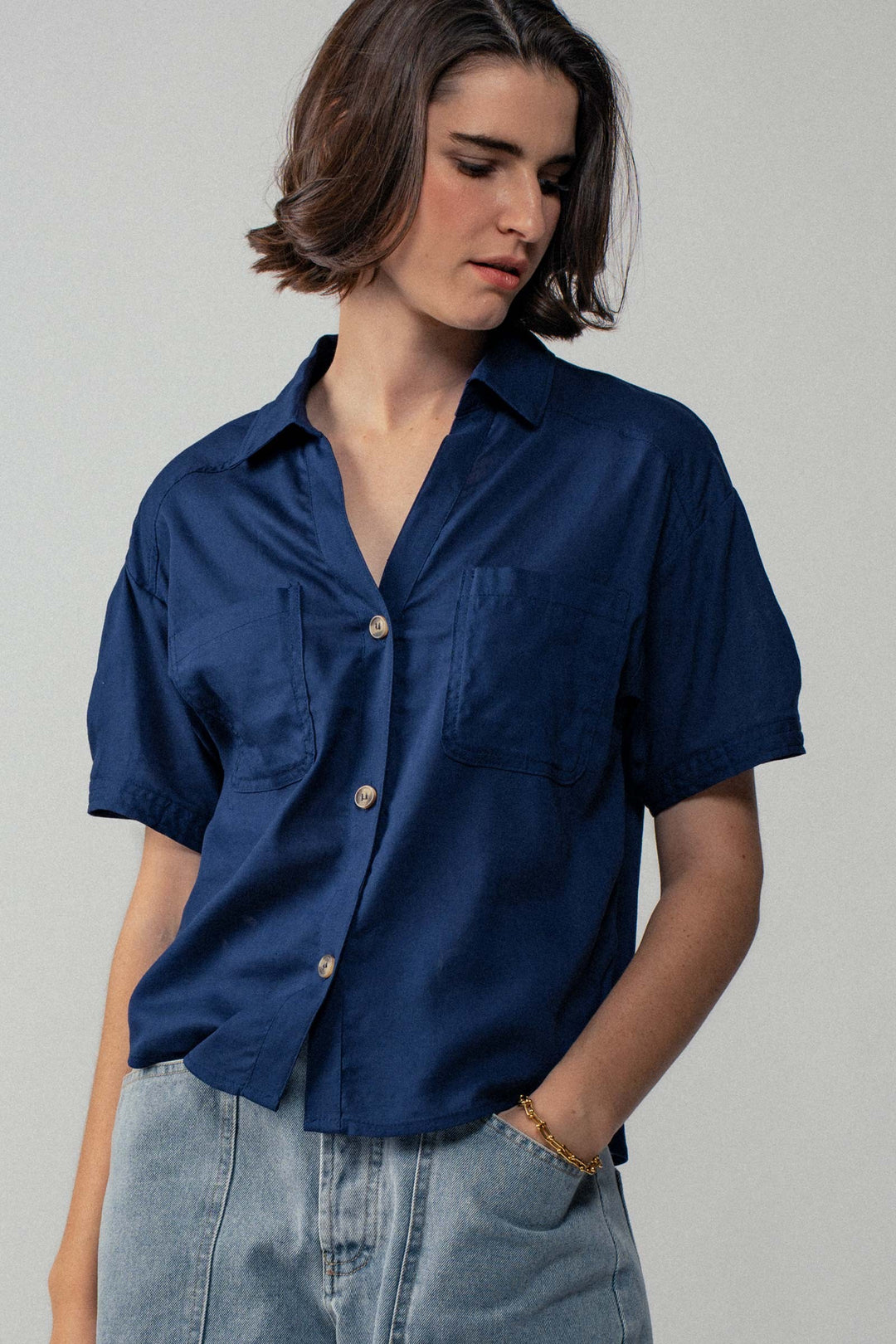 Relaxed Button-Up Western Top in Navy - Women's Wholesale Shirts & Blouses | Trend Notes