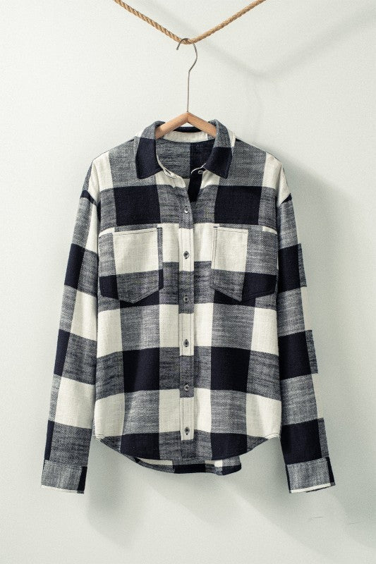 Brushed Buffalo Plaid Flannel Button Up Shirt in Black - Women's Wholesale Shirts & Blouses | Trend Notes