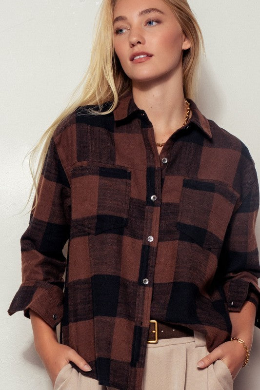 Brushed Buffalo Plaid Flannel Button Up Shirt in Black - Women's Wholesale Shirts & Blouses | Trend Notes
