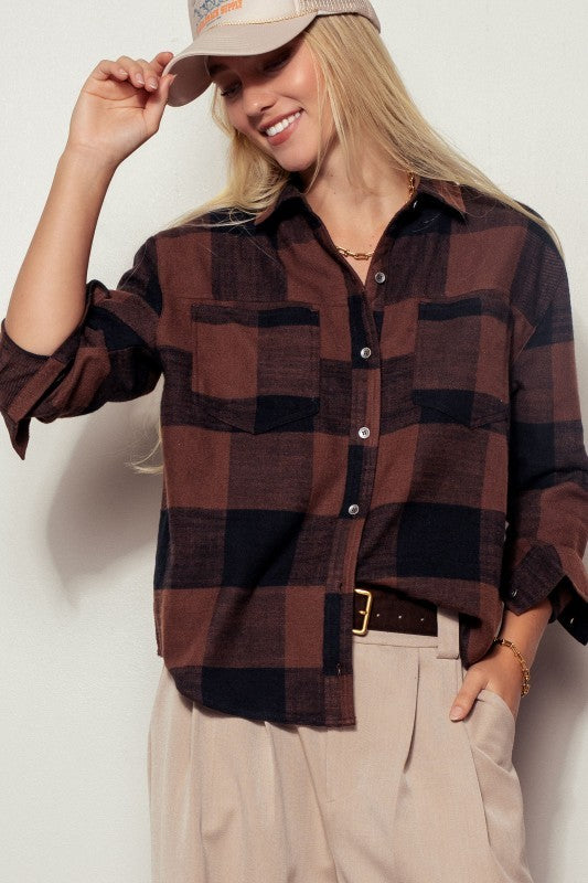 Brushed Buffalo Plaid Flannel Button Up Shirt in Black - Women's Wholesale Shirts & Blouses | Trend Notes