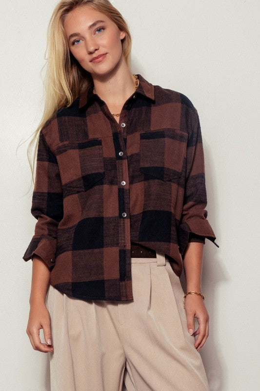 Brushed Buffalo Plaid Flannel Button Up Shirt in Black - Women's Wholesale Shirts & Blouses | Trend Notes