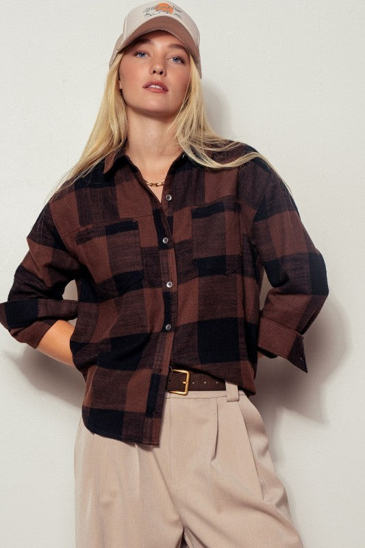 Brushed Buffalo Plaid Flannel Button Up Shirt in Black - Women's Wholesale Shirts & Blouses | Trend Notes