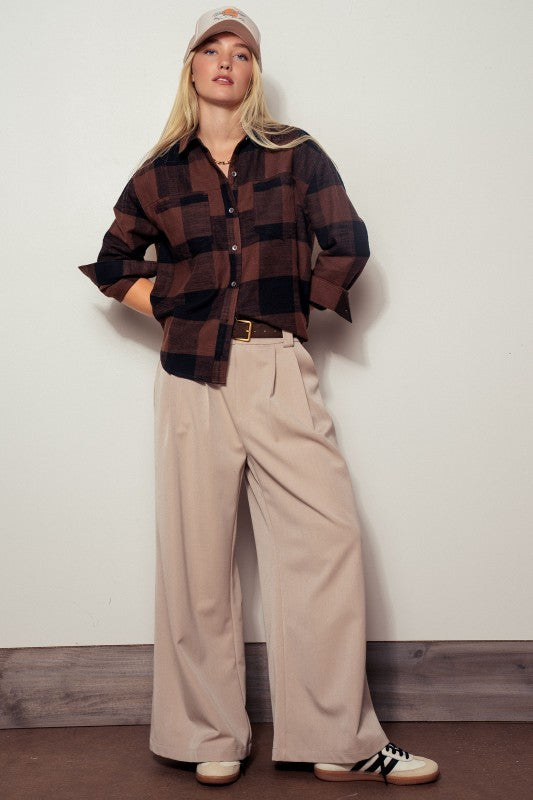 Brushed Buffalo Plaid Flannel Button Up Shirt in Black - Women's Wholesale Shirts & Blouses | Trend Notes
