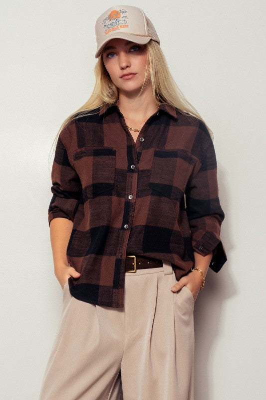 Brushed Buffalo Plaid Flannel Button Up Shirt in Black - Women's Wholesale Shirts & Blouses | Trend Notes
