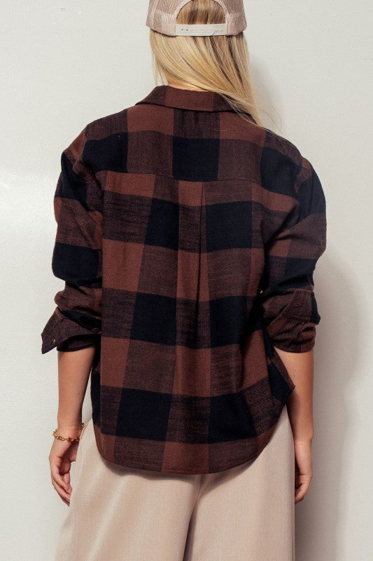 Brushed Buffalo Plaid Flannel Button Up Shirt in Black - Women's Wholesale Shirts & Blouses | Trend Notes