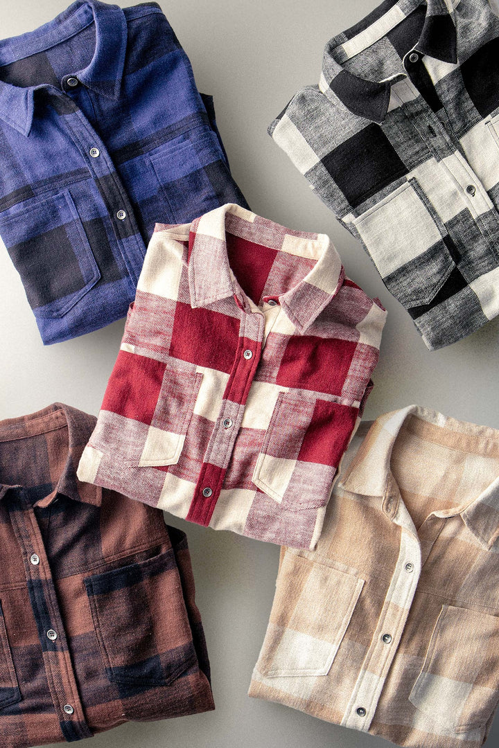 Brushed Buffalo Plaid Flannel Button Up Shirt in Black - Women's Wholesale Shirts & Blouses | Trend Notes