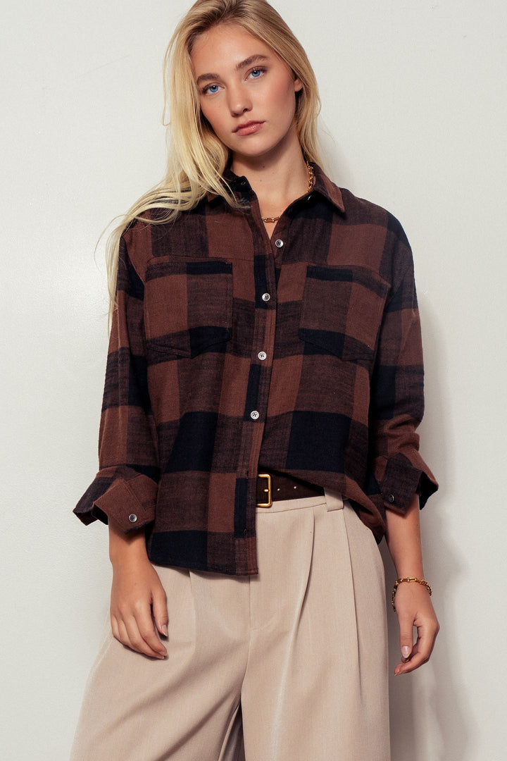 Brushed Buffalo Plaid Flannel Button Up Shirt in Black - Women's Wholesale Shirts & Blouses | Trend Notes