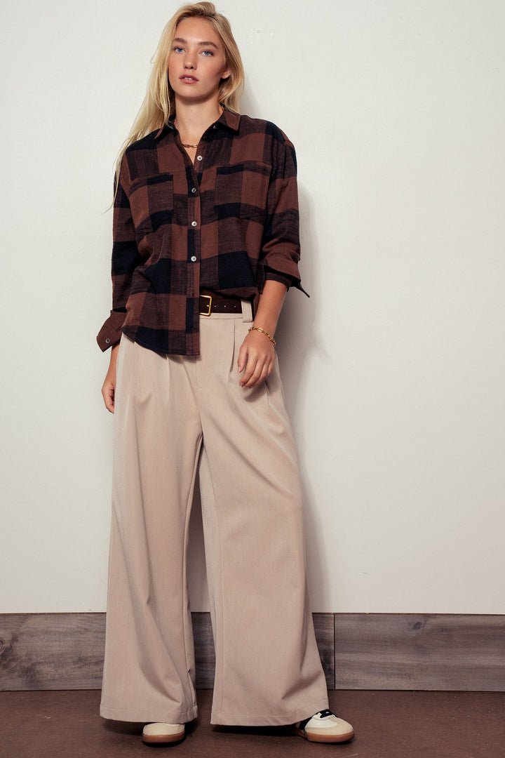 Brushed Buffalo Plaid Flannel Button Up Shirt in Black - Women's Wholesale Shirts & Blouses | Trend Notes