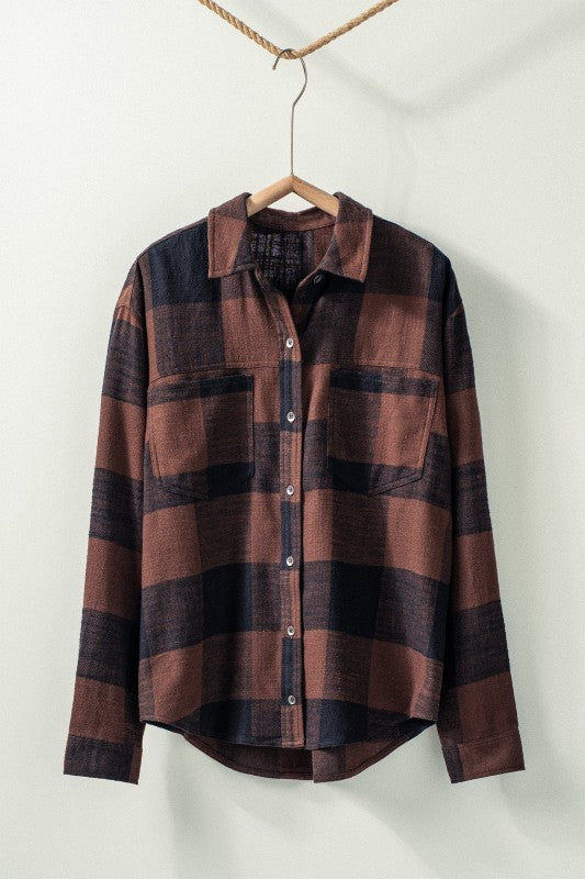 Brushed Buffalo Plaid Flannel Button Up Shirt in Brown - Women's Wholesale Shirts & Blouses | Trend Notes