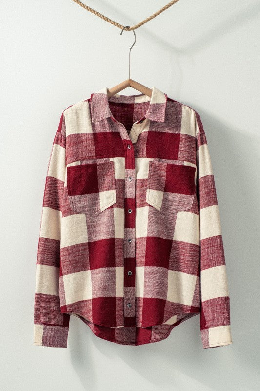 Brushed Buffalo Plaid Flannel Button Up Shirt in Burgundy - Women's Wholesale Shirts & Blouses | Trend Notes