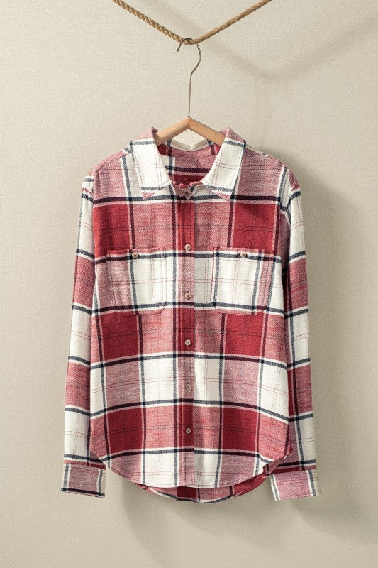 Plaid Flannel Button Up Shirt With Flap Pockets in Burgundy - Women's Wholesale Shirts & Blouses | Trend Notes