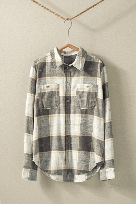 Plaid Flannel Button Up Shirt With Flap Pockets in Olive - Women's Wholesale Shirts & Blouses | Trend Notes