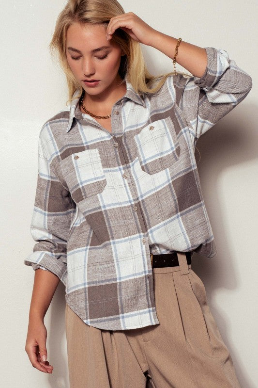 Plaid Flannel Button Up Shirt With Flap Pockets in Truffle - Women's Wholesale Shirts & Blouses | Trend Notes