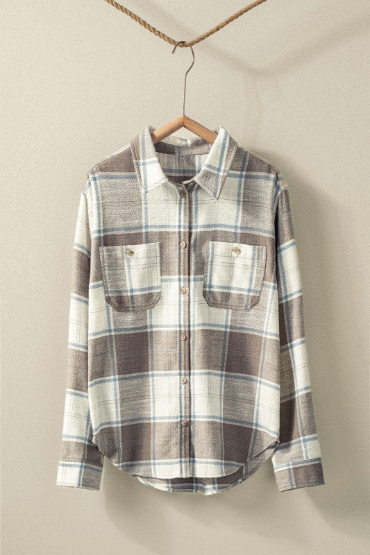 Plaid Flannel Button Up Shirt With Flap Pockets in Truffle - Women's Wholesale Shirts & Blouses | Trend Notes