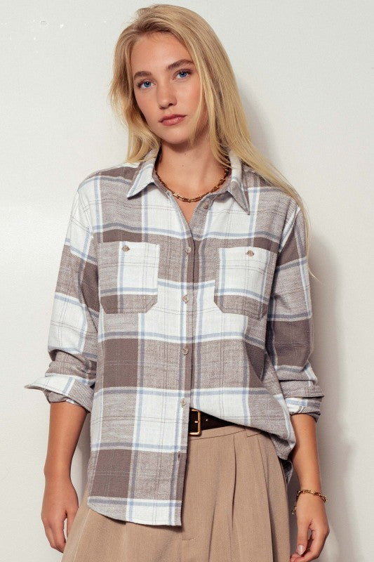 Plaid Flannel Button Up Shirt With Flap Pockets in Truffle - Women's Wholesale Shirts & Blouses | Trend Notes