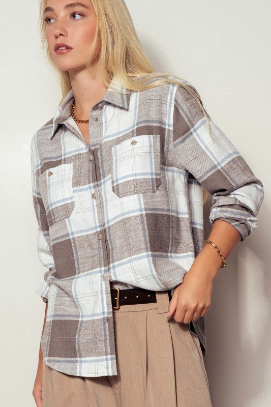 Plaid Flannel Button Up Shirt With Flap Pockets in Truffle - Women's Wholesale Shirts & Blouses | Trend Notes
