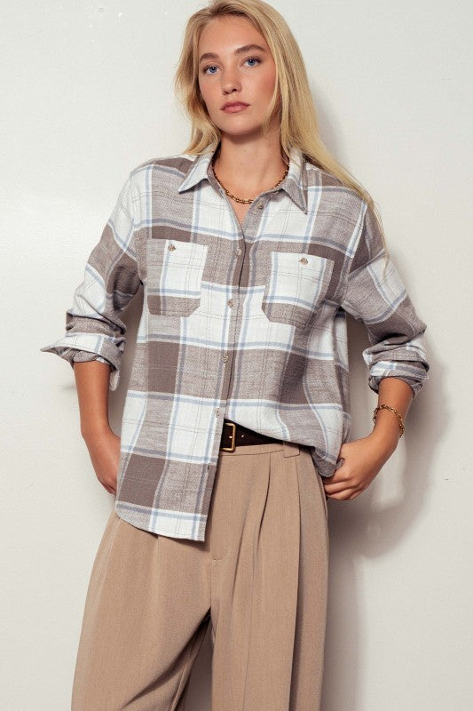 Plaid Flannel Button Up Shirt With Flap Pockets in Truffle - Women's Wholesale Shirts & Blouses | Trend Notes