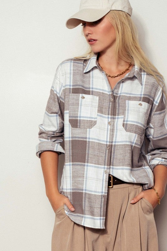 Plaid Flannel Button Up Shirt With Flap Pockets in Truffle - Women's Wholesale Shirts & Blouses | Trend Notes