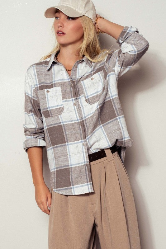 Plaid Flannel Button Up Shirt With Flap Pockets in Truffle - Women's Wholesale Shirts & Blouses | Trend Notes