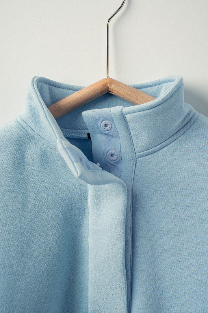 Stand Collar Casual Top with Button Detail in Sky Blue - Women's Wholesale Sweatshirts & Hoodies | Trend Notes