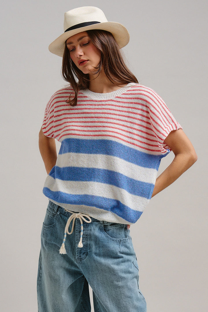 Modern Retro Stripe Knit Top in Blue - Women's Wholesale Tops | Trend Notes