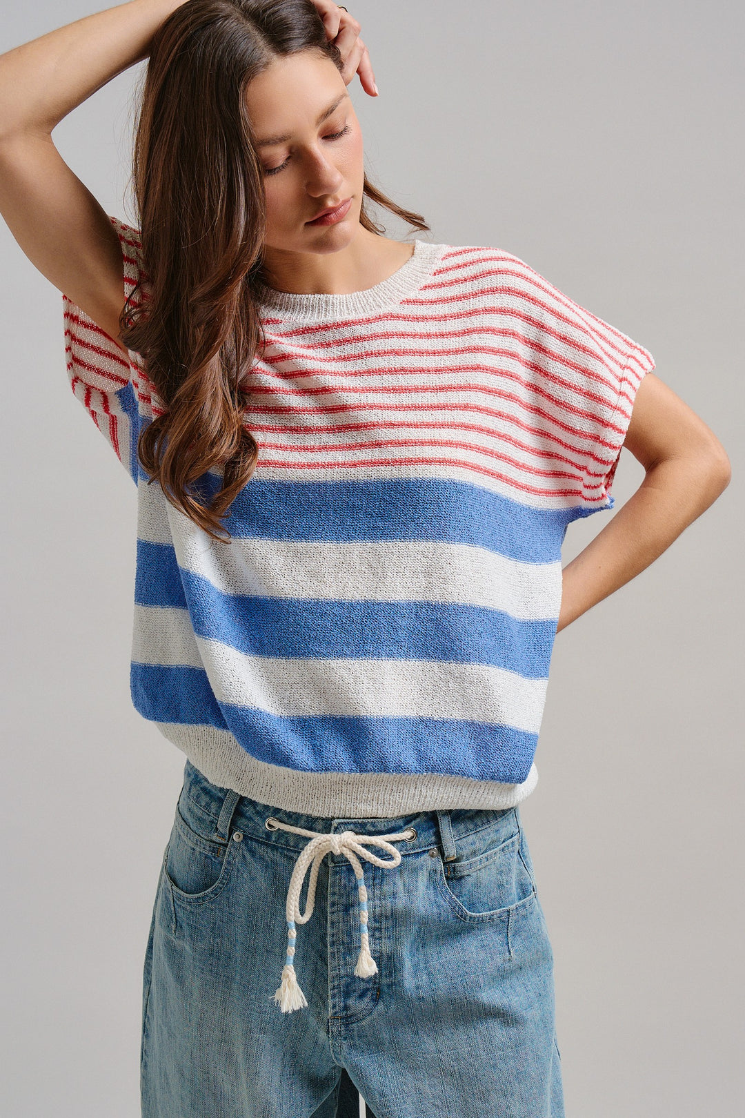 Modern Retro Stripe Knit Top in Blue - Women's Wholesale Tops | Trend Notes