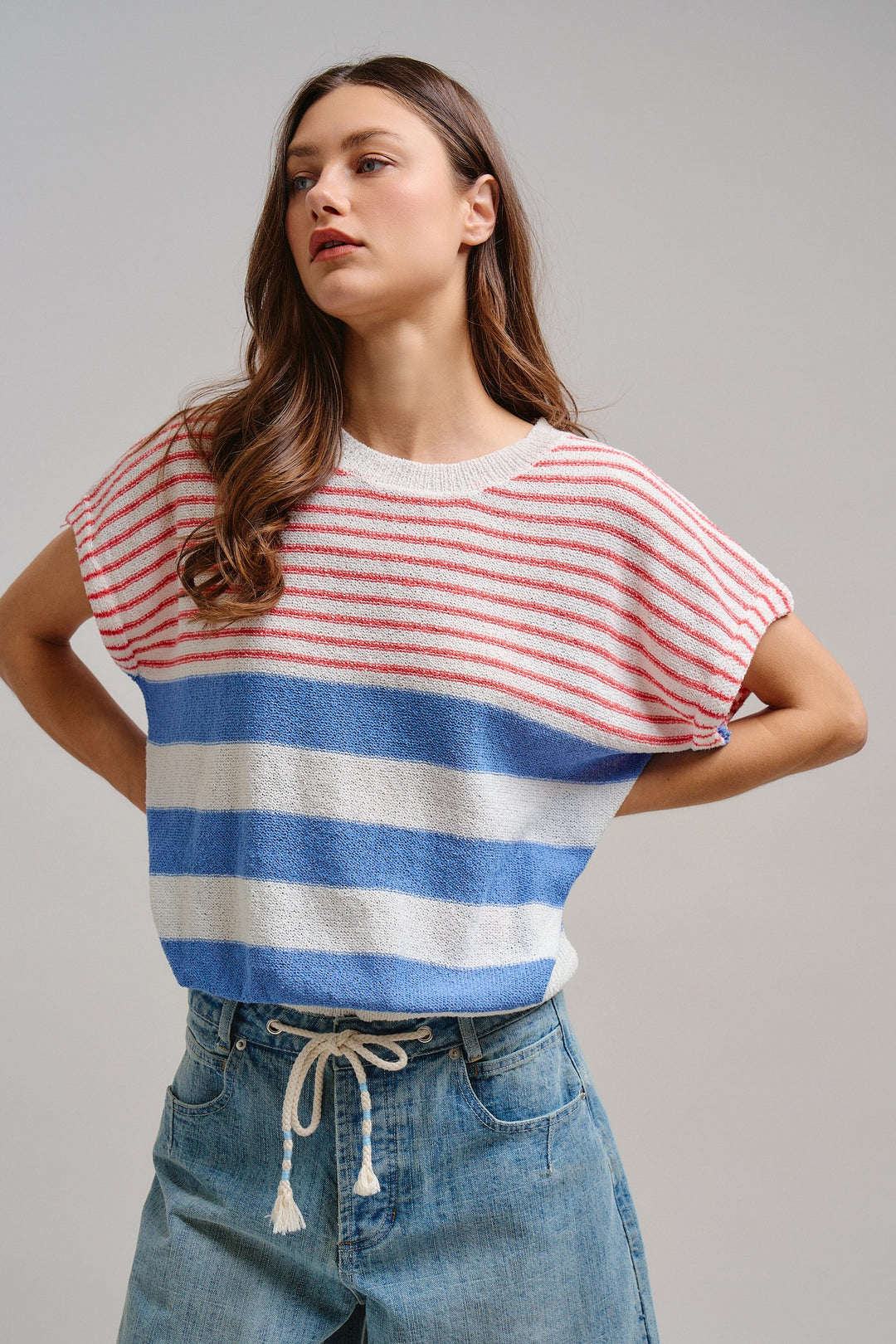 Modern Retro Stripe Knit Top in Blue - Women's Wholesale Tops | Trend Notes