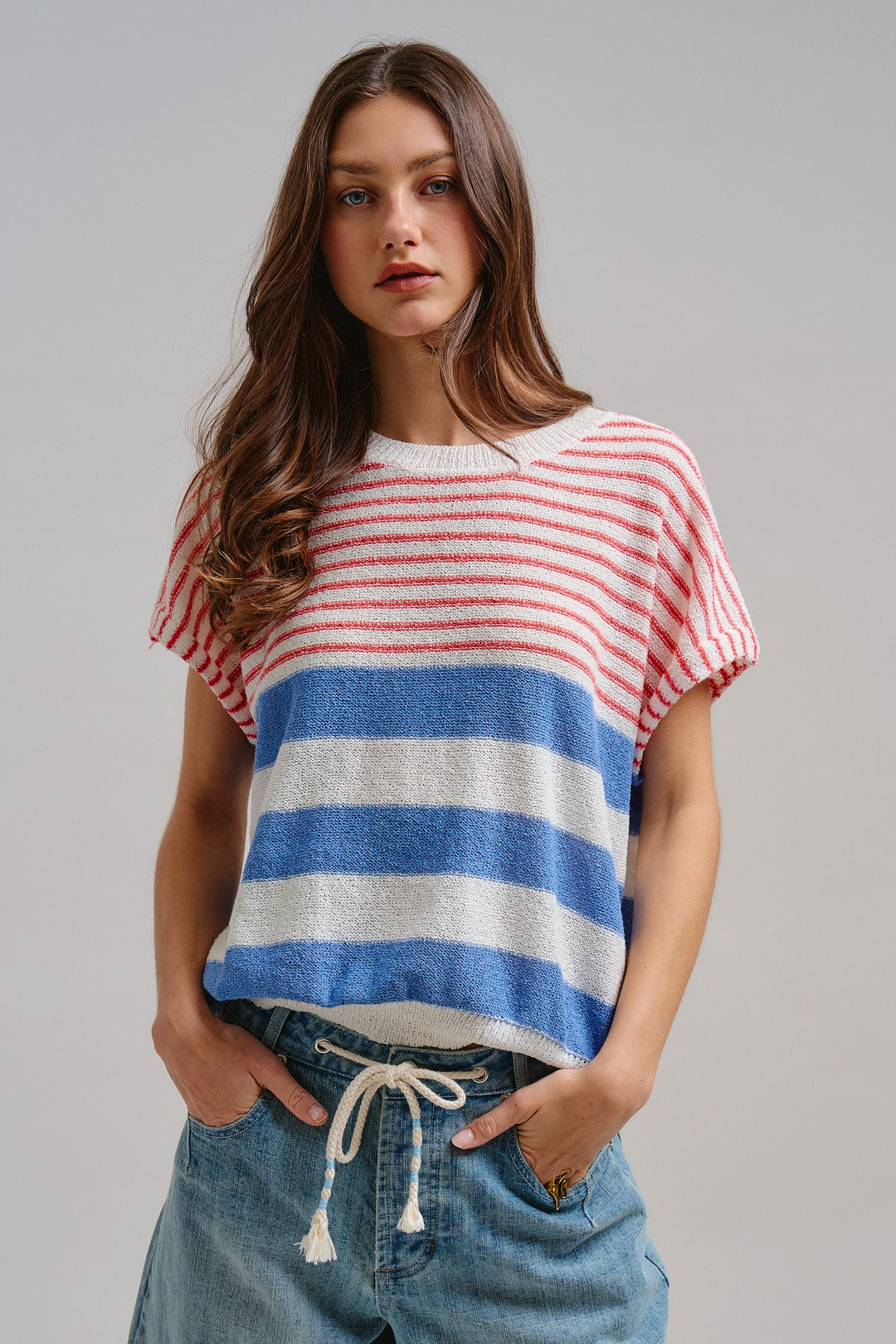 Modern Retro Stripe Knit Top in Blue - Women's Wholesale Tops | Trend Notes