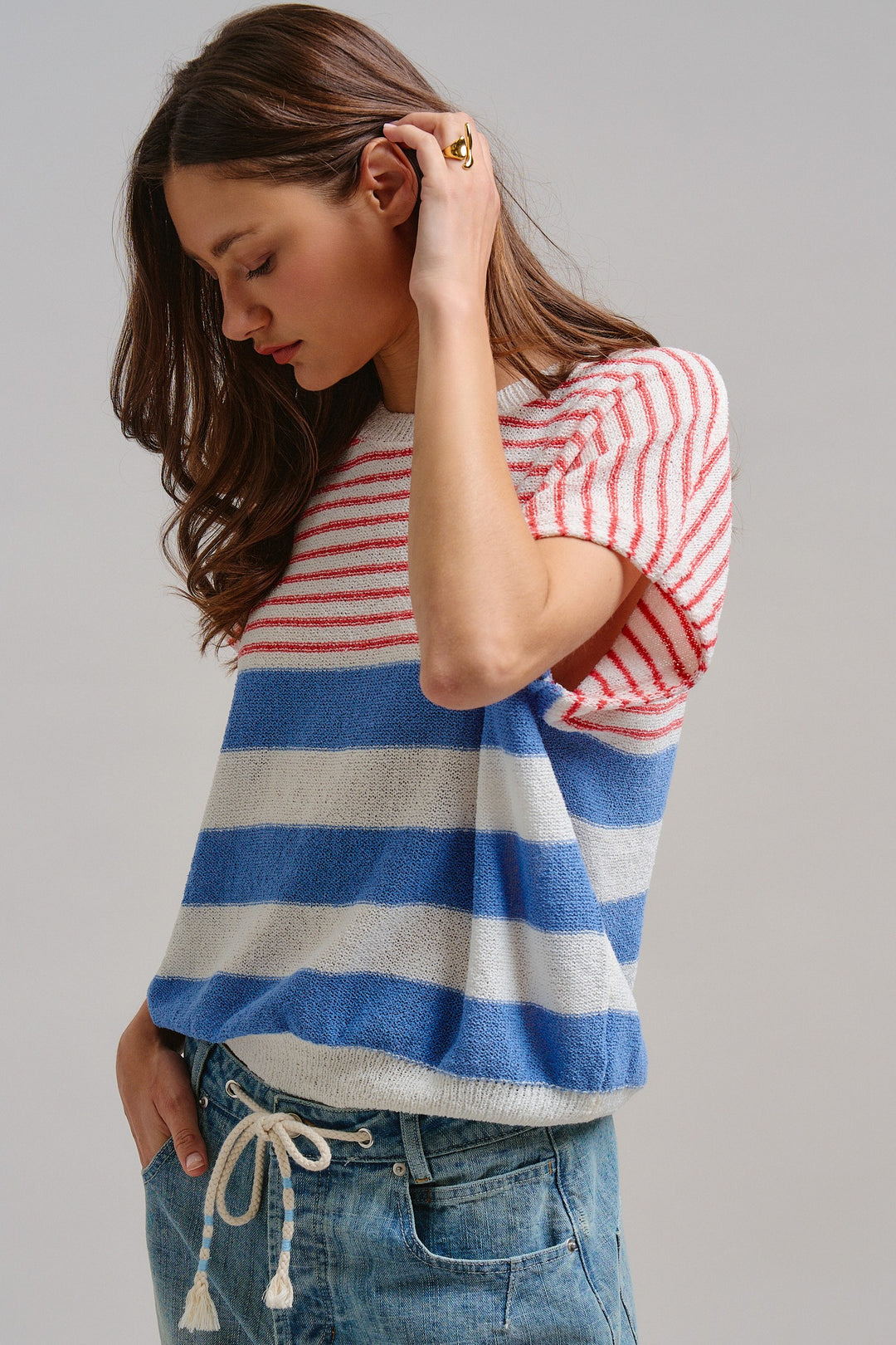 Modern Retro Stripe Knit Top in Blue - Women's Wholesale Tops | Trend Notes