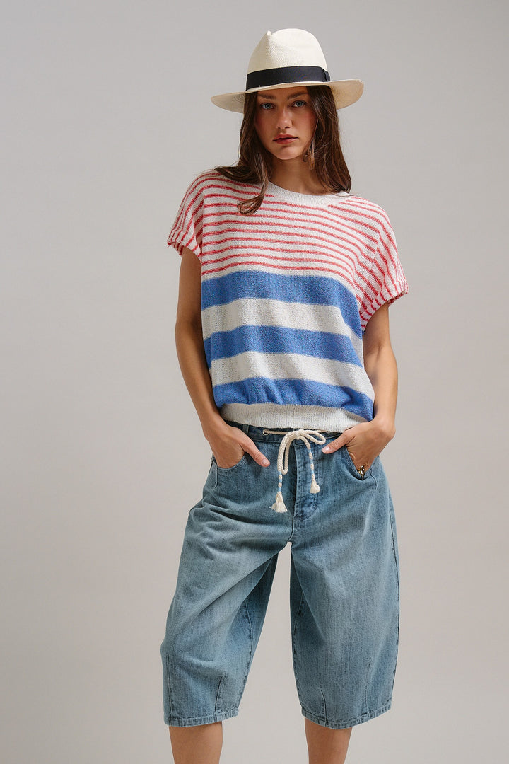 Modern Retro Stripe Knit Top in Blue - Women's Wholesale Tops | Trend Notes