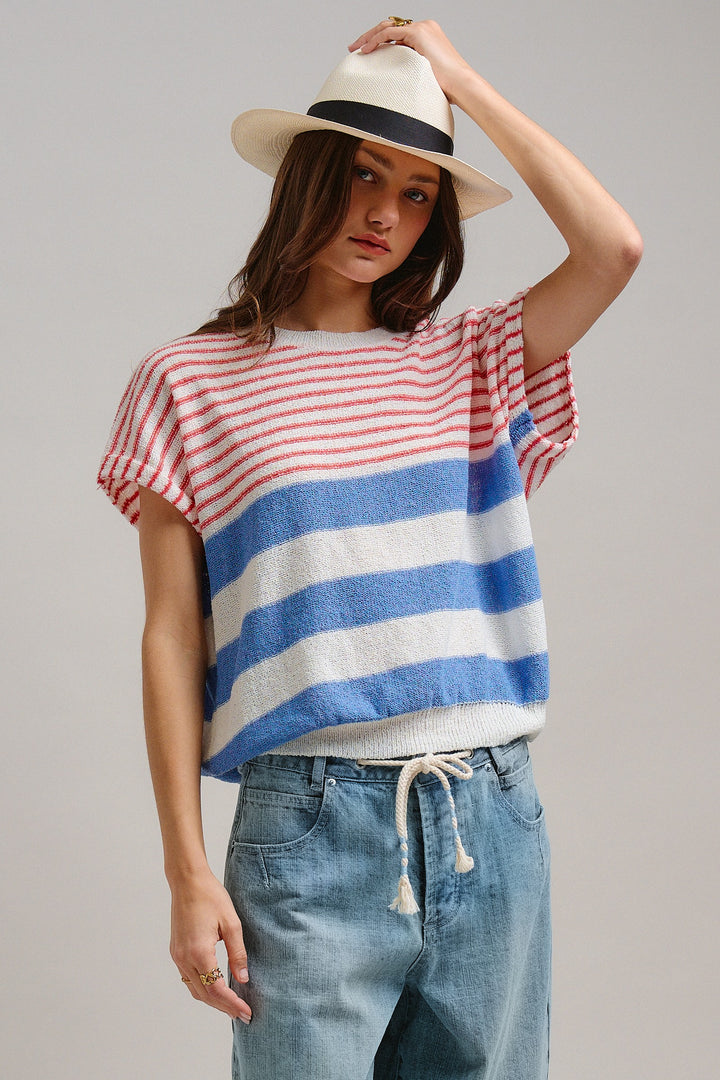 Modern Retro Stripe Knit Top in Blue - Women's Wholesale Tops | Trend Notes
