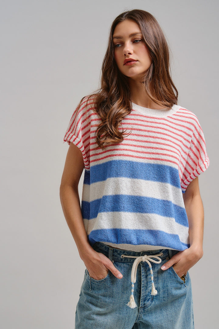 Modern Retro Stripe Knit Top in Blue - Women's Wholesale Tops | Trend Notes