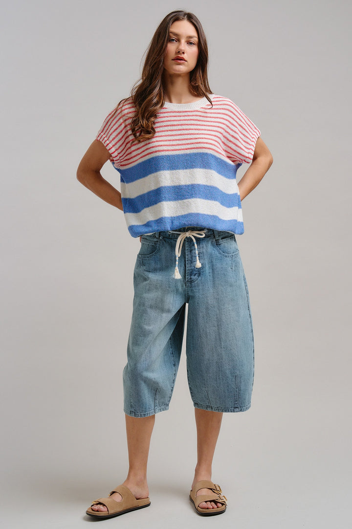 Modern Retro Stripe Knit Top in Blue - Women's Wholesale Tops | Trend Notes