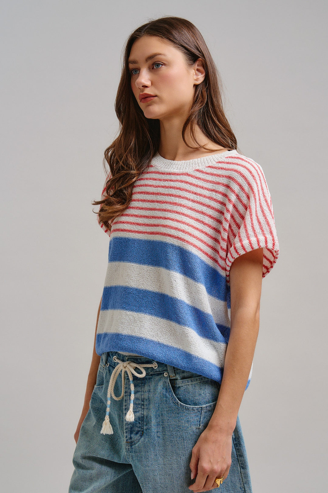 Modern Retro Stripe Knit Top in Blue - Women's Wholesale Tops | Trend Notes