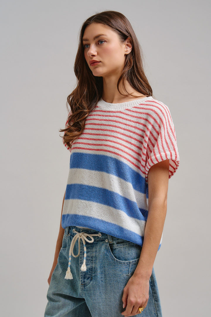 Modern Retro Stripe Knit Top in Blue - Women's Wholesale Tops | Trend Notes