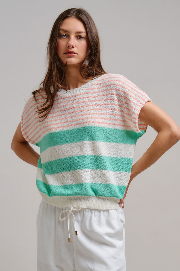Modern Retro Stripe Knit Top in Mint - Women's Wholesale Tops | Trend Notes