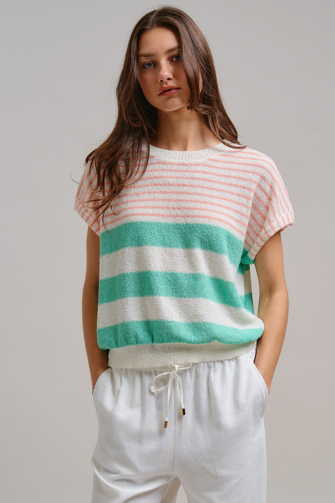 Modern Retro Stripe Knit Top in Mint - Women's Wholesale Tops | Trend Notes