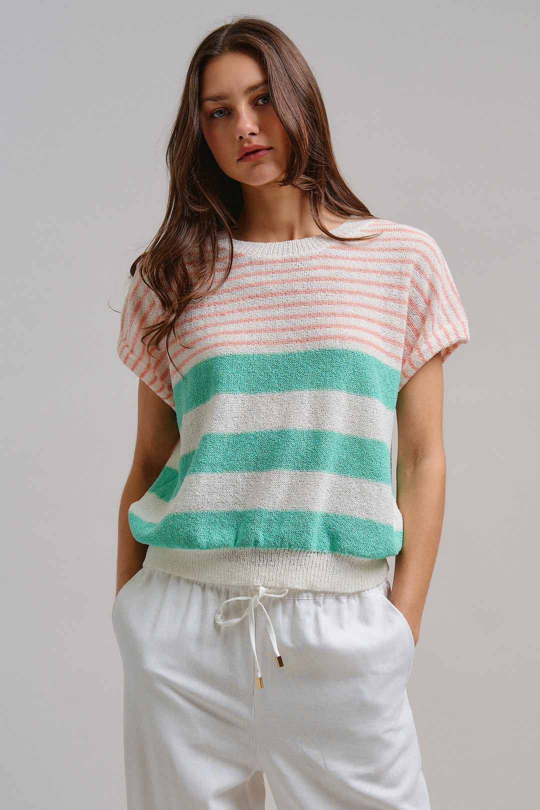 Modern Retro Stripe Knit Top in Mint - Women's Wholesale Tops | Trend Notes