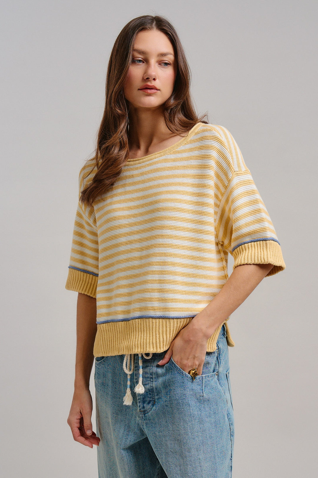 Happy Sunshine Stripe Knit Top in Butter Yellow - Women's Wholesale Tops | Trend Notes