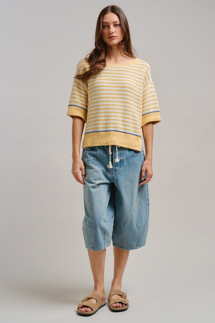 Happy Sunshine Stripe Knit Top in Butter Yellow - Women's Wholesale Tops | Trend Notes