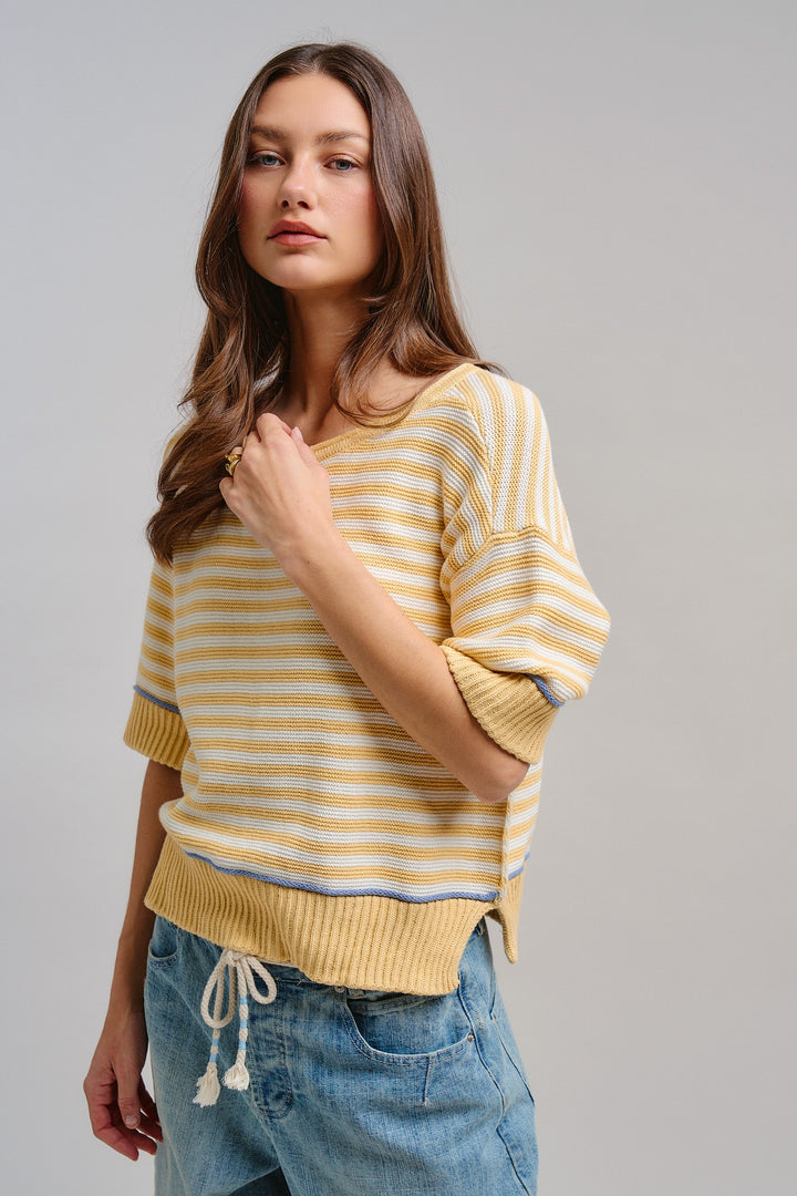 Happy Sunshine Stripe Knit Top in Butter Yellow - Women's Wholesale Tops | Trend Notes