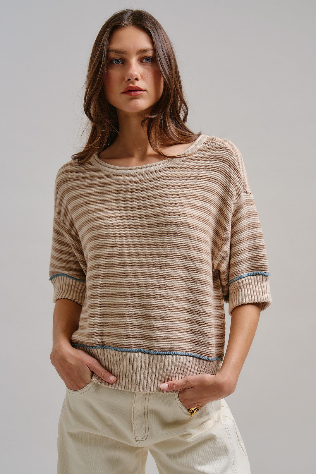 Happy Sunshine Stripe Knit Top in Khaki - Women's Wholesale Tops | Trend Notes